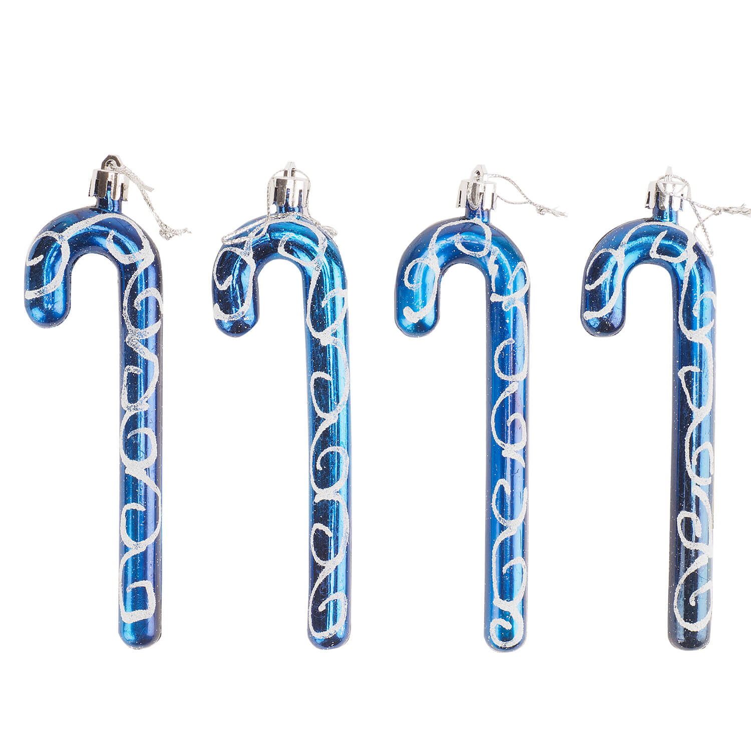 Set 4 globuri Holly, model bastonase, albastru cu model baroc alb, 12 cm