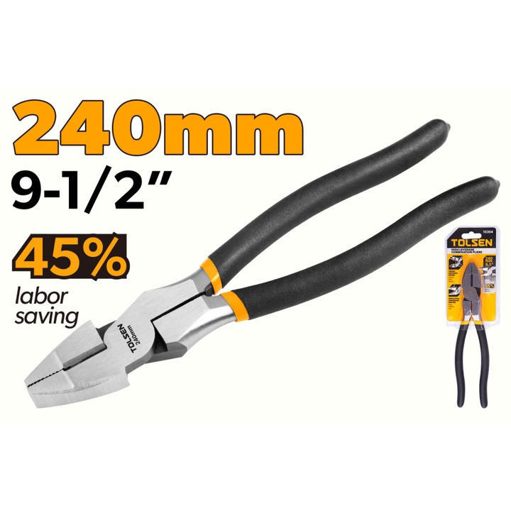 Cleste combinat Heavy Duty TOLSEN 240 mm (9.5"), Raport de parghie mare, cu 45% mai putin efort, Otel rezistent, Prindere agresiva, Maner bicolor confort, Industrial, otel forjat tratat termic cu rezistenta ridicata, maner ergonomic bi-component