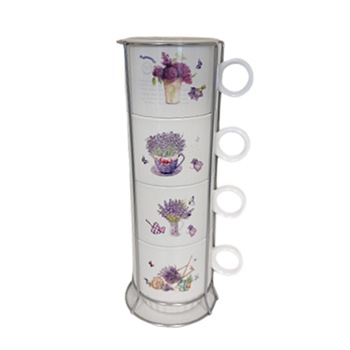 Set 4 cesti cafea Lavender ceramica 200ml, Multicolor, Suport inox Set 4 cesti cafea Lavender ceramica 200ml, Multicolor, Suport inox
