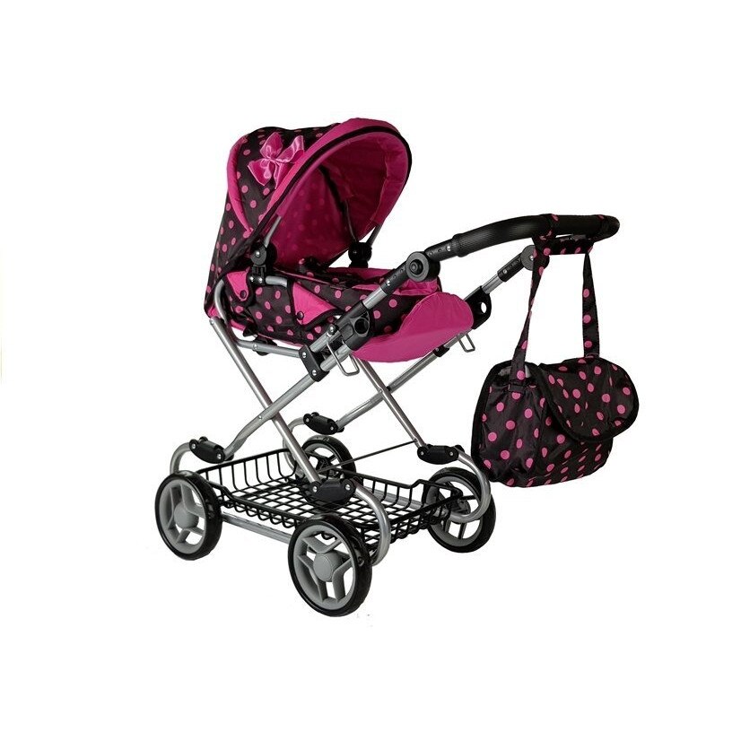 Carucior pentru papusi cu landou, negru cu buline roz, LeanToys, 5251