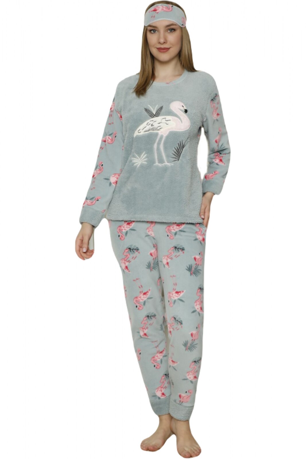 Pijama dama cocolino, pufoasa cu imprimeu Flamingo vernil 1378, Verde