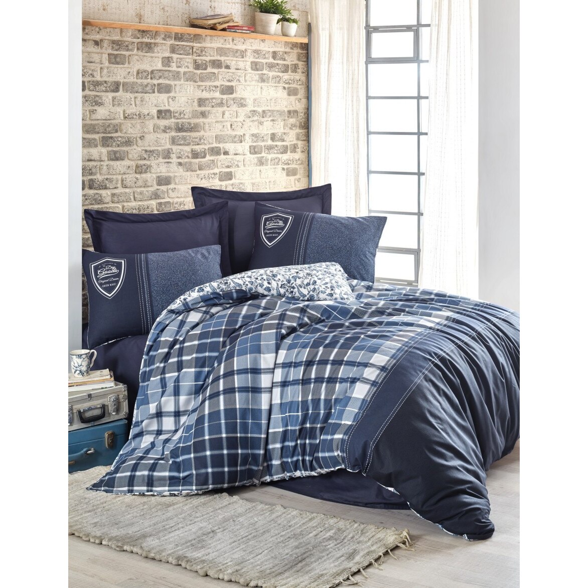Lenjerie pat 1 persoana bumbac 100% ranforce, 3 piese, 160x240 cm, Cotton Box, Pablo DarkBlue