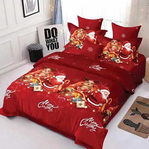 Set Lenjerie de pat,2 persoane,4 piese,230 x250 cm,Mos Craciun,rosu