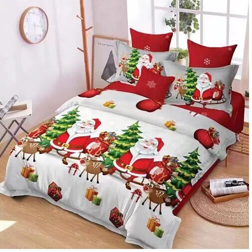 Set Lenjerie de pat,2 persoane,4 piese,230 x250 cm,Mos Craciun,alb/rosu