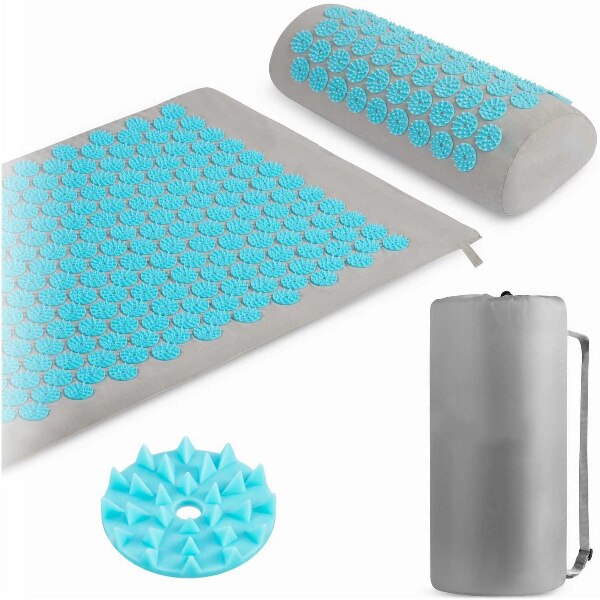 Set pentru Presopunctura, Saltea si Perna, Rozete montate in tehnologia Heat-Press, pentru Dureri si Afectiuni, Material Natural, Non-toxic, Husa Inclusa, Gri/Turcoaz
