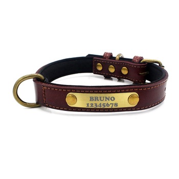 Zgarda personalizata din piele, cu adresier, gravata cu numele si numarul de telefon, Maro, S 37 cm Zgarda personalizata din piele, cu adresier, gravata cu numele si numarul de telefon, Maro, S 37 cm