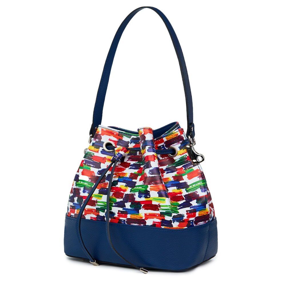 Geanta tip saculet din piele cu model multicolor Sophia albastra