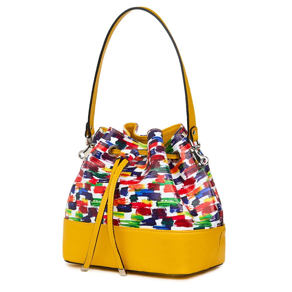 Geanta tip saculet din piele cu model multicolor Sophia galbena