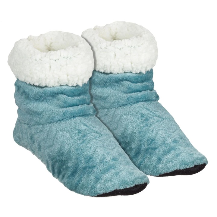 Papuci botosi de interior imblaniti pentru femei, model in zig-zag si talpa antiderapanta, Albastru, 39-40