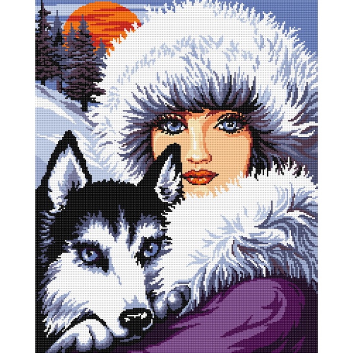 Goblen Alaska , Hudemas , kit imprimat pe panza , cu fire mouline , 20x25cm