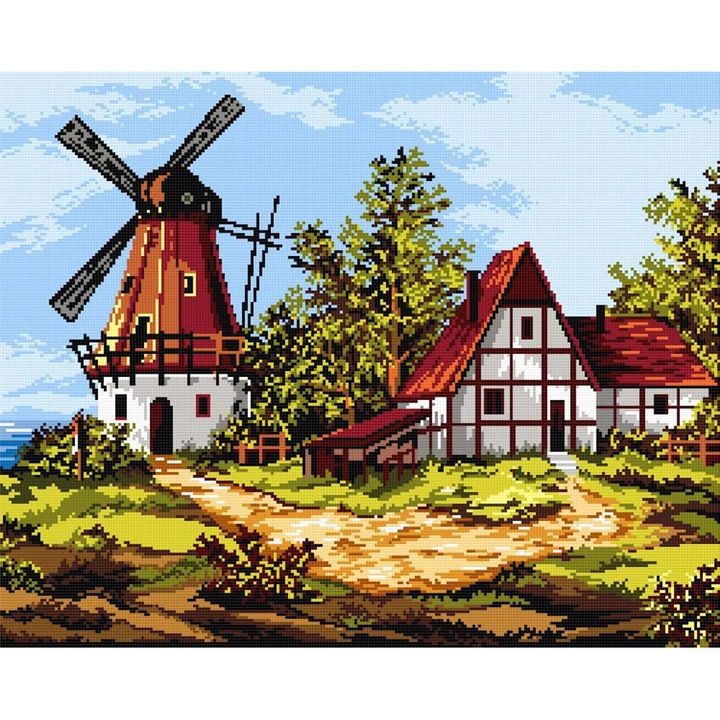 Goblen Peisaj cu moara de vant, Hudemas, kit imprimat pe panza, cu fire mouline, 20x25cm