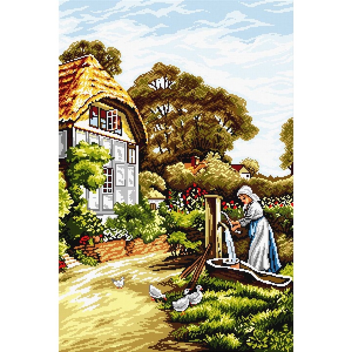 Goblen La fantana, Hudemas, kit cu diagrama alb-negru, cu fire mouline, 20x30cm