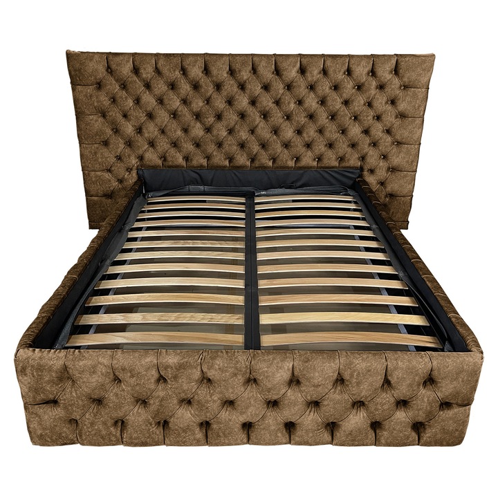 Pat dublu cu somiera, Beds Place, Cyntia wide Premium, cafeniu 075, 180x200 cm, H140