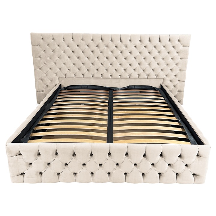 Beds Place Cyntia Wide Premium Franciaágy, ágyráccsal, Krémszínű bársony 06, 160 x 200 cm, fejtámla magasság 120 cm