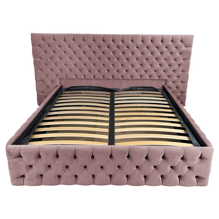 Pat tapitat cu somiera Beds Place, Cyntia wide Premium, Velvet Roz 06, 140x200 cm, H 140 cm