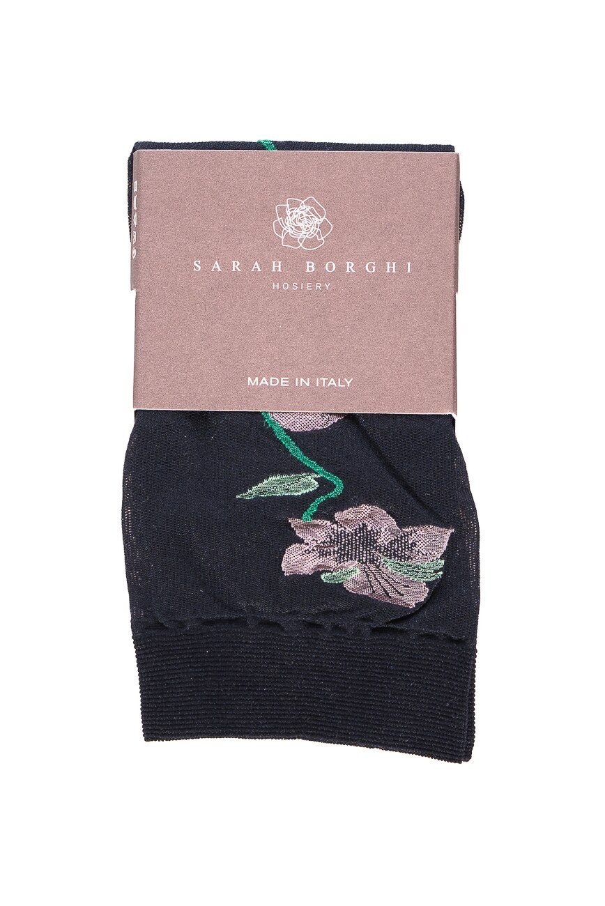 Sosete din colectia de lux realizate din tull, model transparent, floral vertical, Gabriela Sarah Borghi, Negru/Roz/Verde, Masura unica, Masura unica