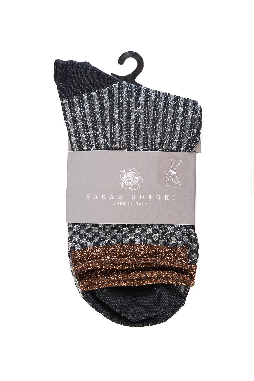 Sosete din colectia de lux din vascoza, model stralucitor geometric, Erin Sarah Borghi, Negru/Argintiu, 35/38