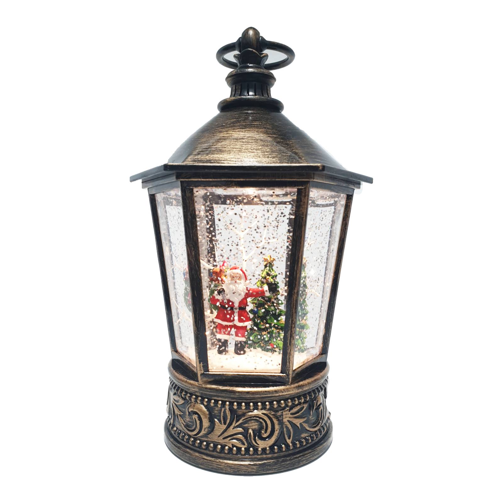Felinar muzical de Craciun cu lumina LED si zapada in miscare, 22cm
