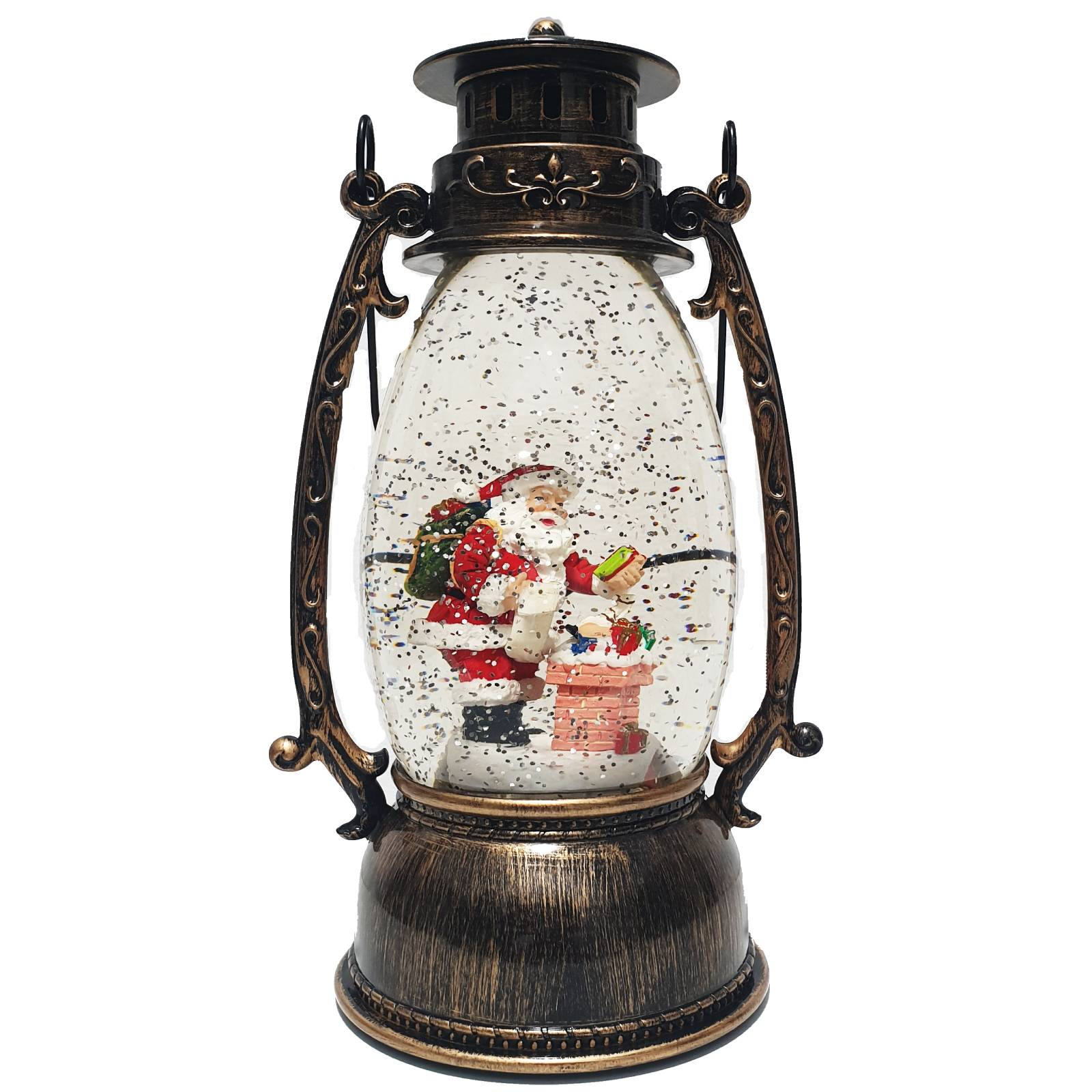 Felinar muzical Craciun cu lumina LED si zapada in miscare, 24cm