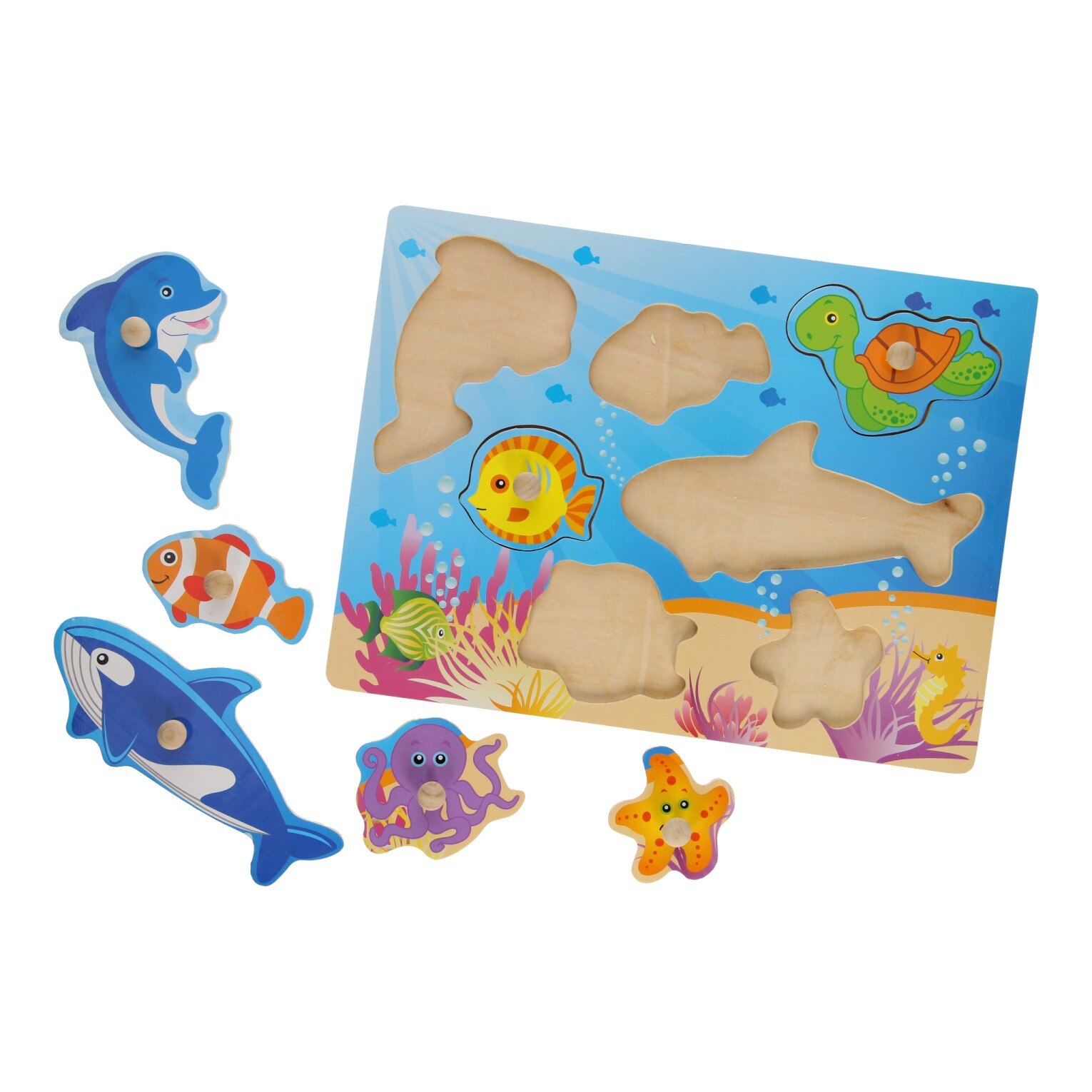 Puzzle din lemn cu manere, Johntoy, Animale Marine, 7 piese