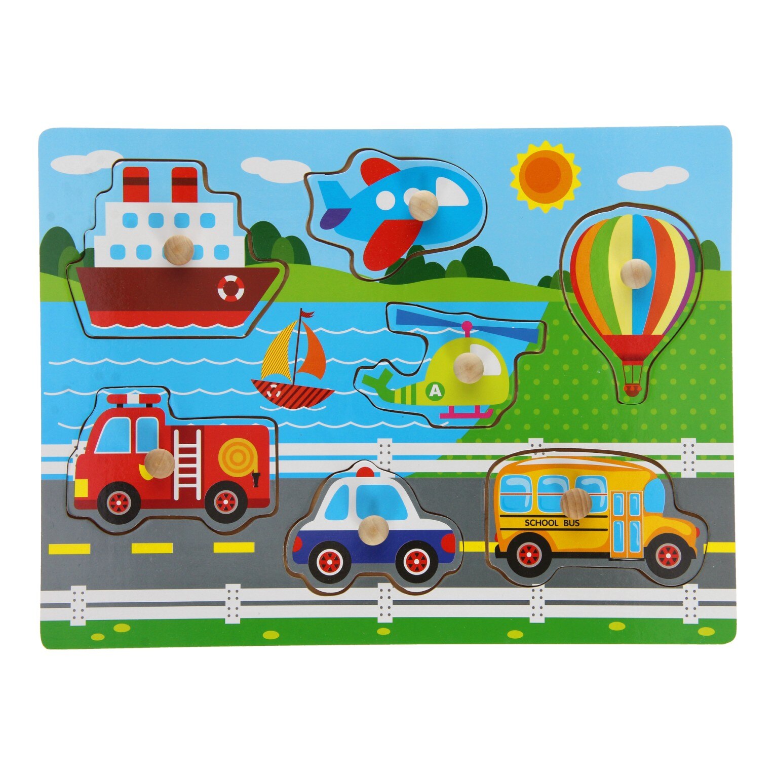 Puzzle din lemn cu manere, Johntoy, Vehicule, 7 piese
