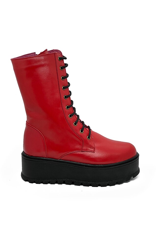 Ghete dama din piele naturala, inalte, cu platforma, fermoar si sireturi, Rosu