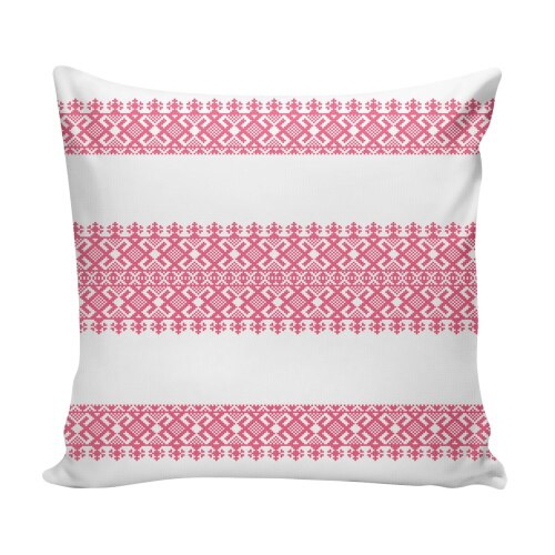 Perna decor, alb + roz, poliester plus fibra poliester siliconizata, cu print traditional, 43 x 43 cm