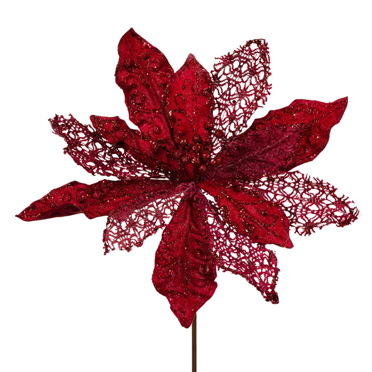 Floare de Craciunita cu bat , rosu cu sclipici , 37 cm