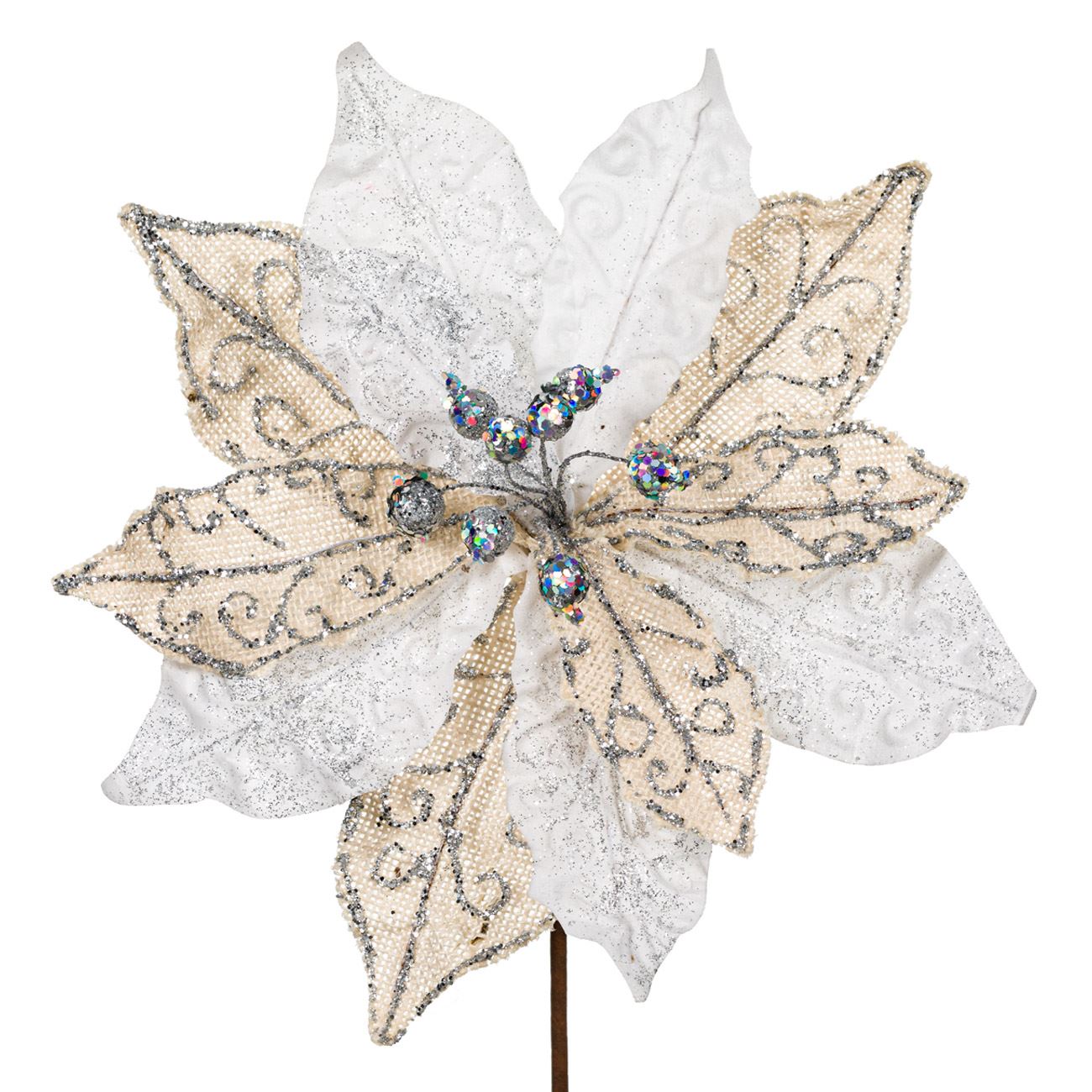 Floare de Craciunita cu bat , Alb cu sclipici , 37.1 cm