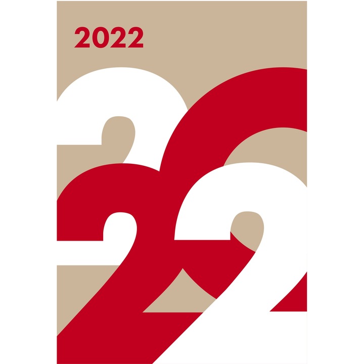 Calendar Triptic, 12 file, spira, hartie lucioasa bej si rosu, hanger