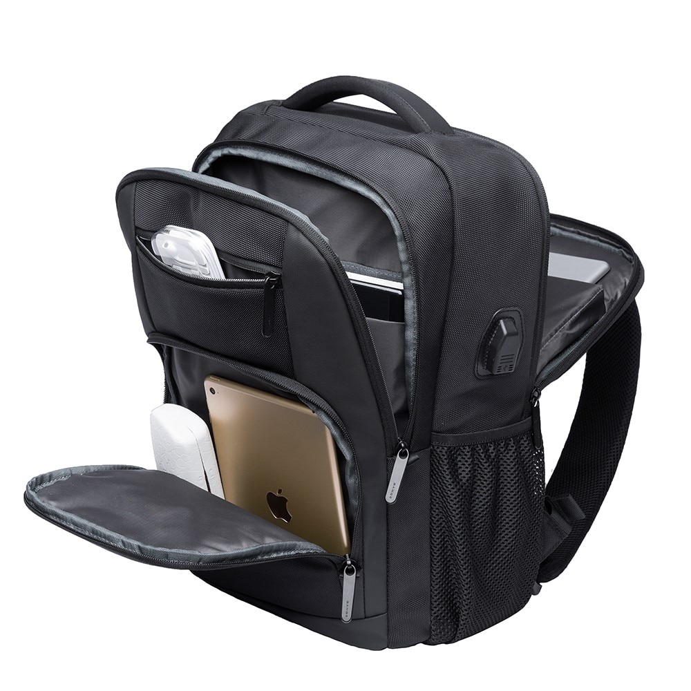 Rucsac laptop 15.6", smart casual, impermeabil, cu port de incarcare USB, BANGE, 45x32x15 cm, Negru