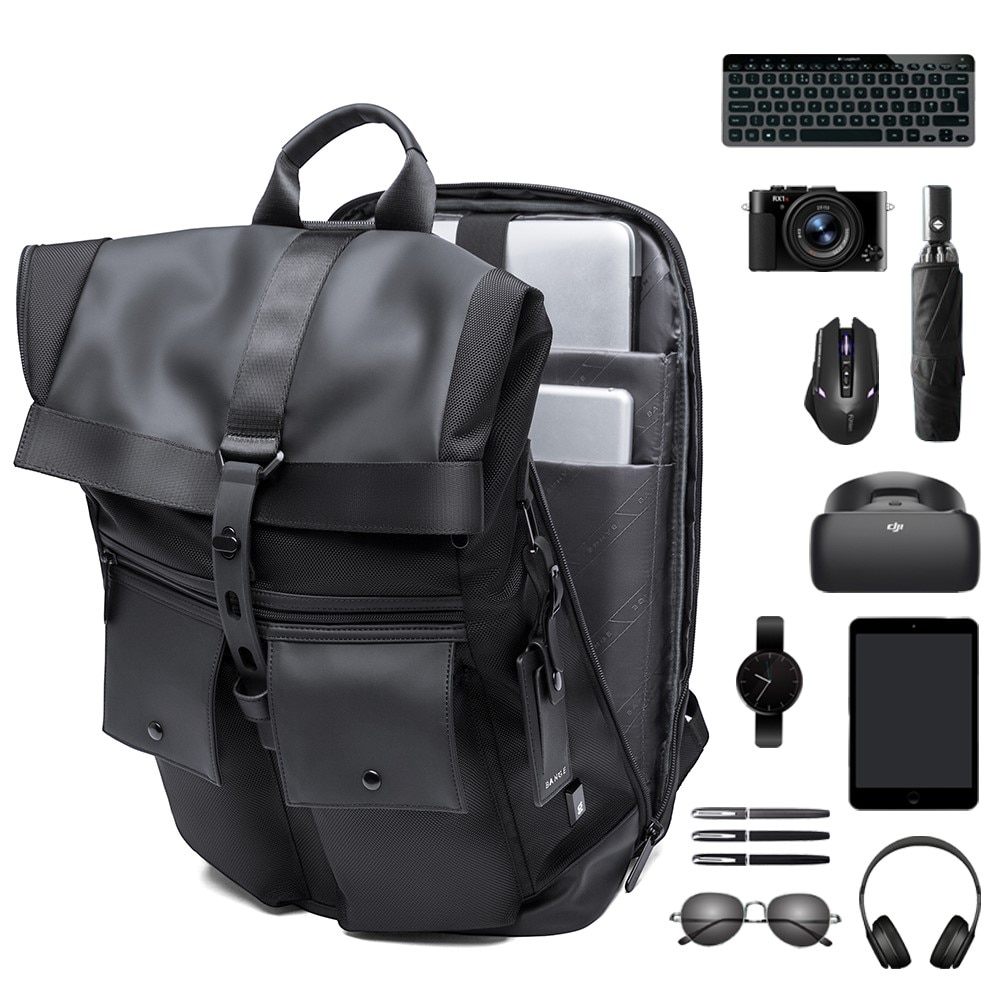 Rucsac laptop 15.6", smart casual, design pelerin, expandabil, impermeabil, BANGE, 48x30x17cm, Negru