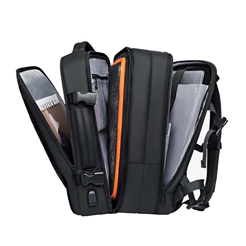 Rucsac laptop 15.6", pentru calatorii, impermeabil, expandabil pana la 37 L, cu port de incarcare USB, BANGE, 44x30x16 cm, Negru