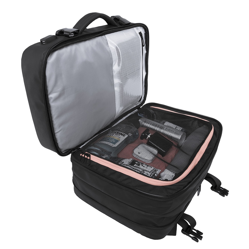 Rucsac laptop 15.6", pentru calatorii, impermeabil, expandabil pana la 37 L, cu port de incarcare USB, BANGE, 44x30x16 cm, Negru