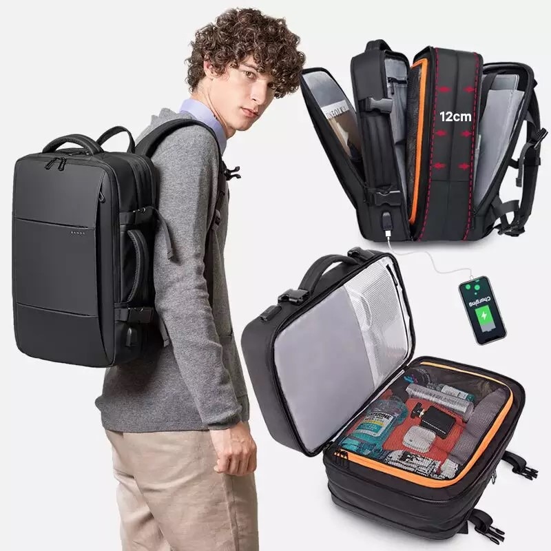 Rucsac laptop 15.6", pentru calatorii, impermeabil, expandabil pana la 37 L, cu port de incarcare USB, BANGE, 44x30x16 cm, Negru