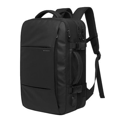 Rucsac laptop 15.6", pentru calatorii, impermeabil, expandabil pana la 37 L, cu port de incarcare USB, BANGE, 44x30x16 cm, Negru
