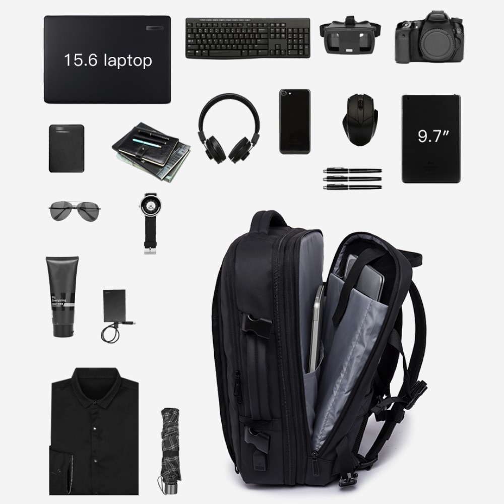 Rucsac laptop 15.6", pentru calatorii, impermeabil, expandabil pana la 37 L, cu port de incarcare USB, BANGE, 44x30x16 cm, Negru