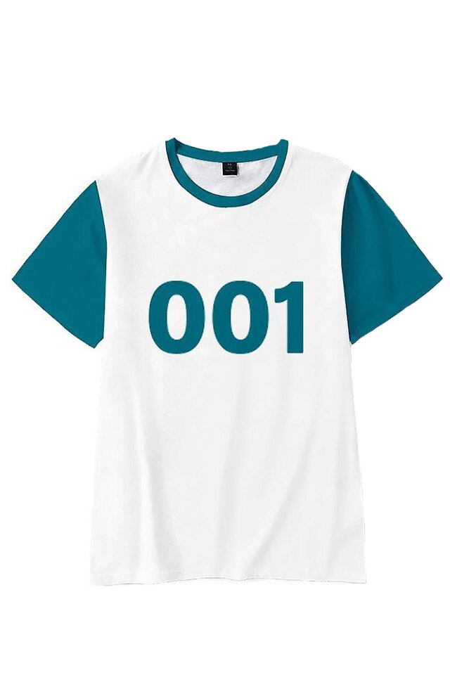 Tricou Squid Game, Jocul Calamarului, numarul 001, unisex, culoare alb/verde, SQUID03