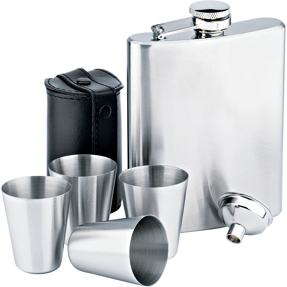 Set butelca buzunar cu 4 pahare si palnie, Quasar & Co., 210 ml, 4 x 33 ml cu husa piele ecologica, inox, argintiu