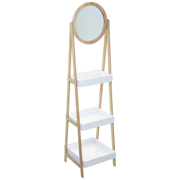 Етажерка с огледало, Quasar & Co., 3 рафта, бамбук, 39 x 40 x 158 cm, Бял/Крем