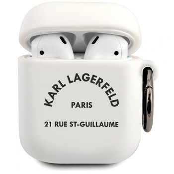 Husa de protectie Karl Lagerfeld Rue St Guillaume pentru Apple AirPods Gen 1 / Apple AirPods Gen 2, Alb Husa de protectie Karl Lagerfeld Rue St Guillaume pentru Apple AirPods Gen 1 / Apple AirPods Gen 2, Alb