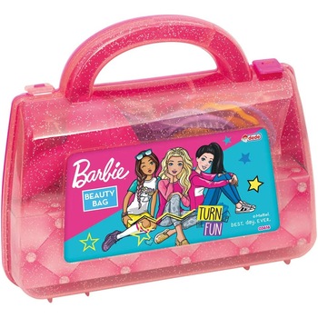 Set de frumusete Barbie in geanta cu feon, oglinda, perie si alte accesorii, pentru fete Set de frumusete Barbie in geanta cu feon, oglinda, perie si alte accesorii, pentru fete