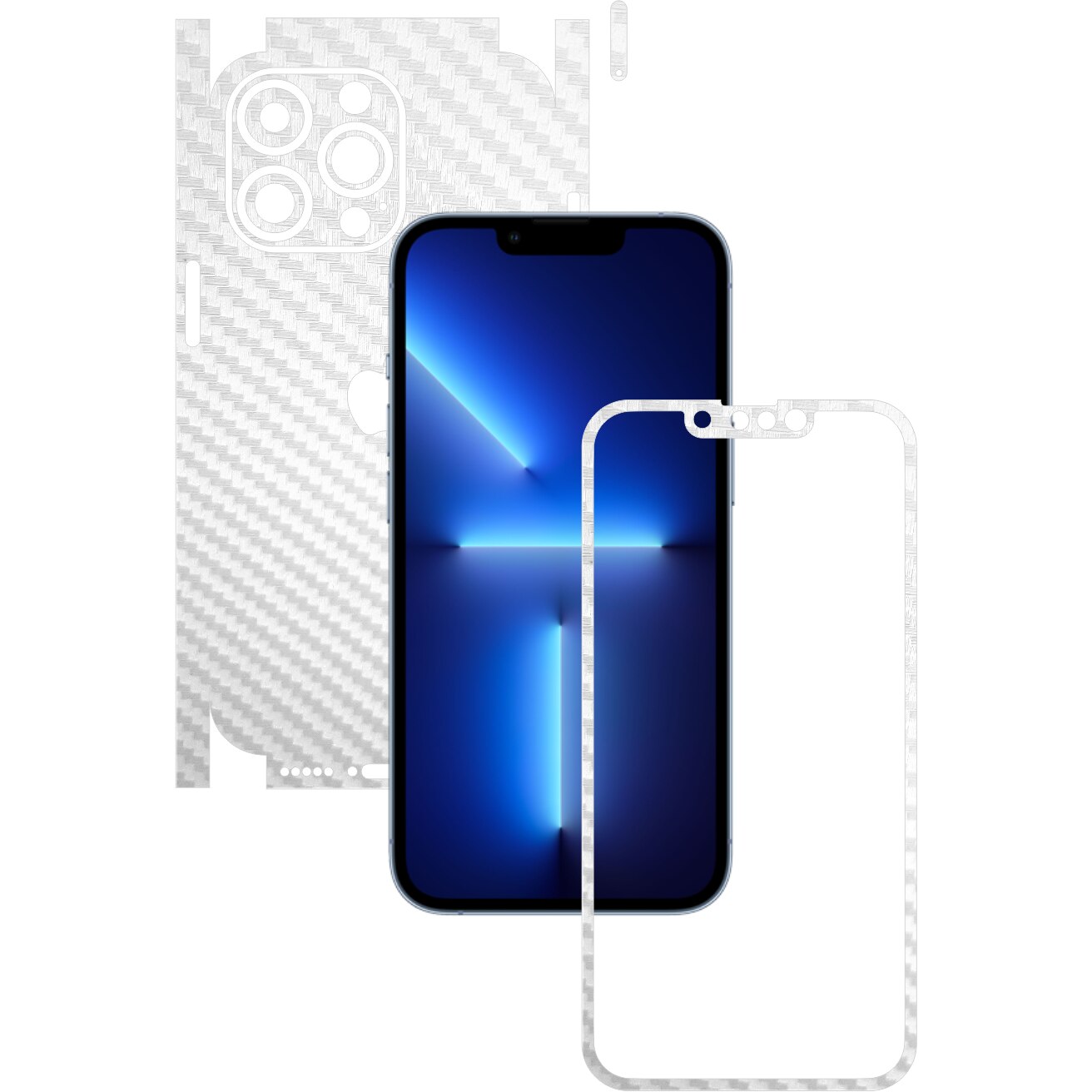 Folie Protectie Carbon Skinz pentru Apple iPhone 13 Pro - Carbon Alb 360 Cut, Skin Adeziv Full Body Cover pentru Rama Ecran, Carcasa Spate si Laterale