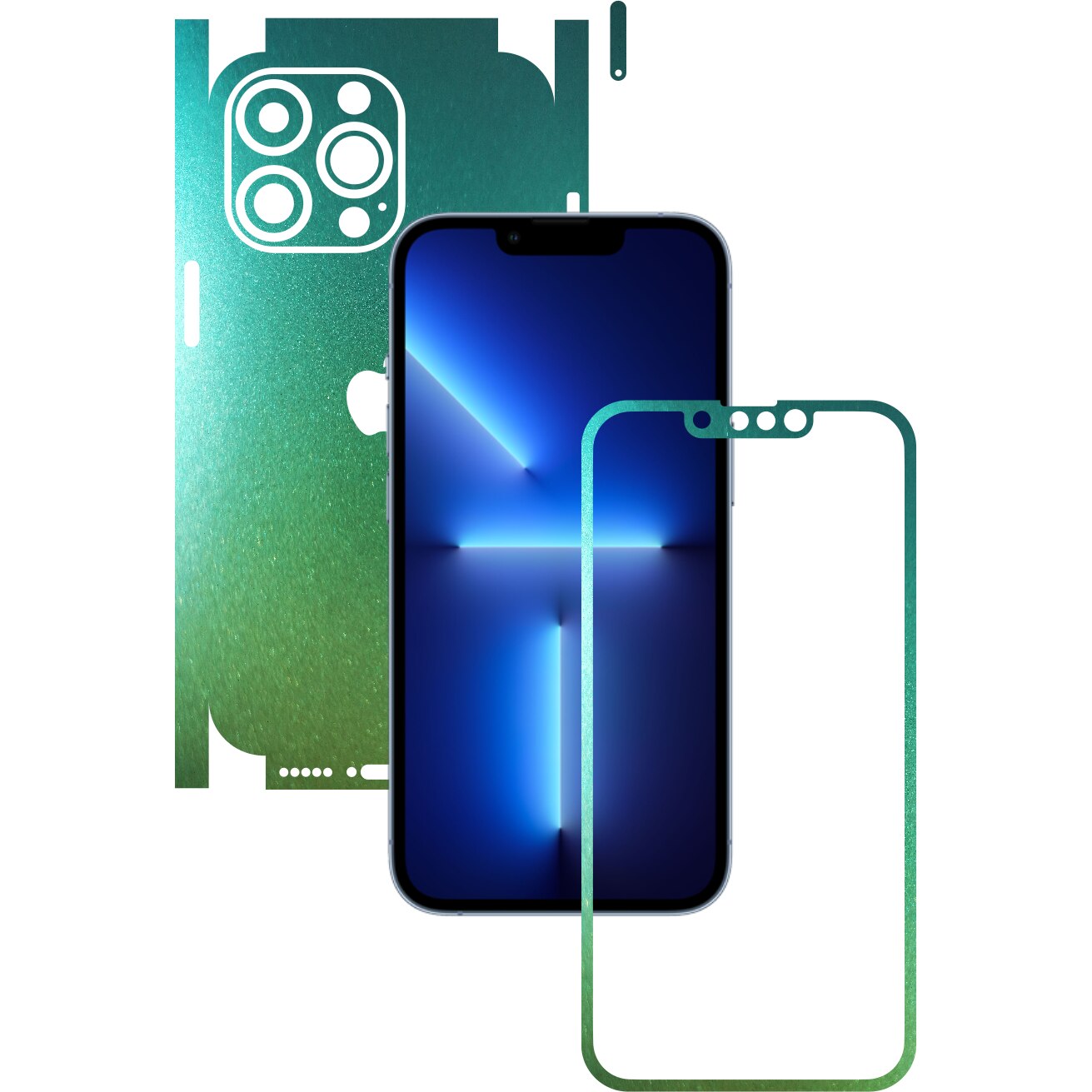 Folie Protectie Carbon Skinz pentru Apple iPhone 13 Pro Max - Color Shift Aquamarine 360 Cut, Skin Adeziv Full Body Cover pentru Rama Ecran, Carcasa Spate si Laterale