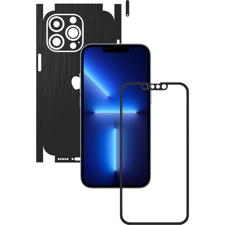 Folie Protectie Carbon Skinz pentru Apple iPhone 13 Pro Max - Brushed Negru 360 Cut, Skin Adeziv Full Body Cover pentru Rama Ecran, Carcasa Spate si Laterale