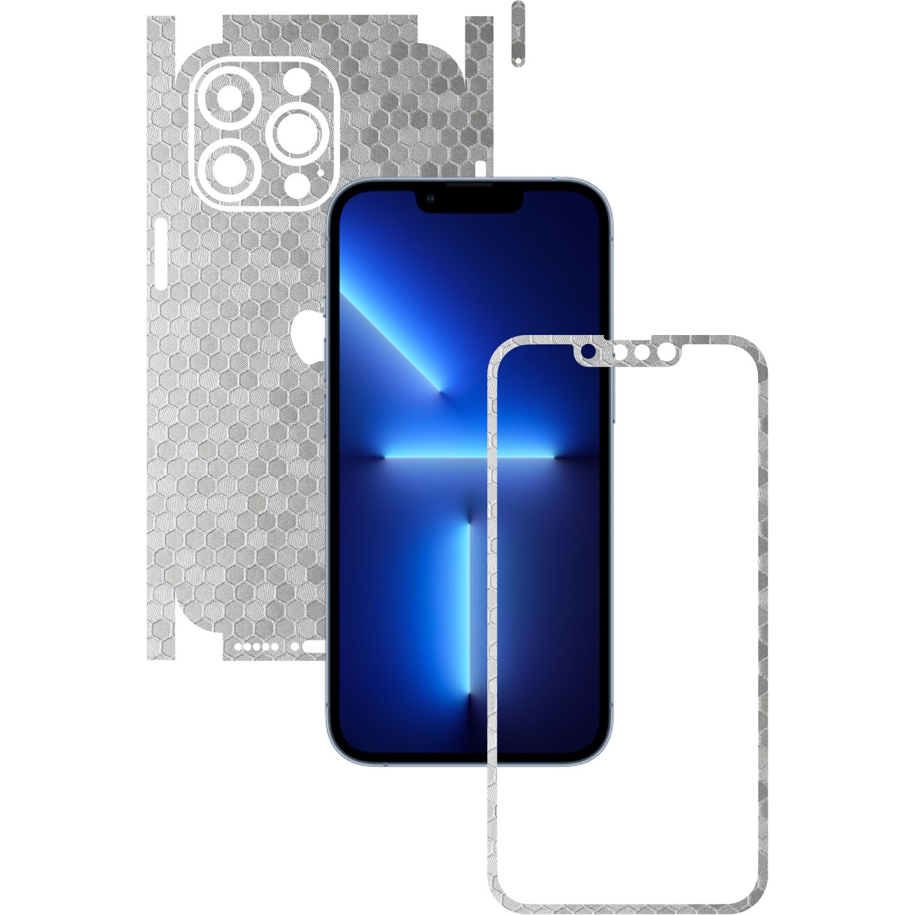 Folie Protectie Carbon Skinz pentru Apple iPhone 13 Pro Max - Honeycomb Argintiu Silver 360 Cut, Skin Adeziv Full Body Cover pentru Rama Ecran, Carcasa Spate si Laterale