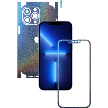 Folie Protectie Carbon Skinz pentru Apple iPhone 13 Pro Max - Color Shift Intergalactic Blue 360 Cut, Skin Adeziv Full Body Cover pentru Rama Ecran, Carcasa Spate si Laterale