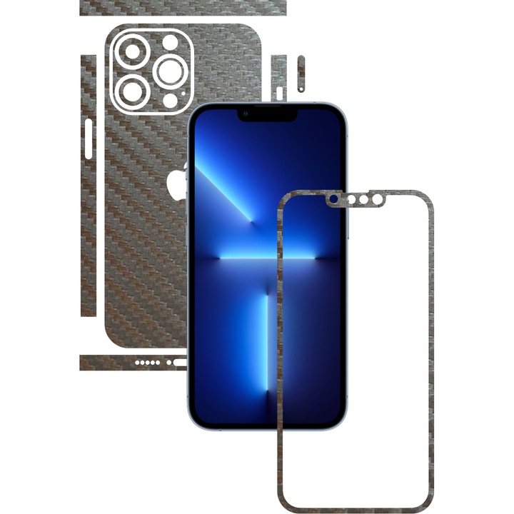 Folie Protectie Carbon Skinz pentru Apple iPhone 13 Pro Max - Carbon Gri Argintiu Split Cut, Skin Adeziv Full Body Cover pentru Rama Ecran, Carcasa Spate si Laterale