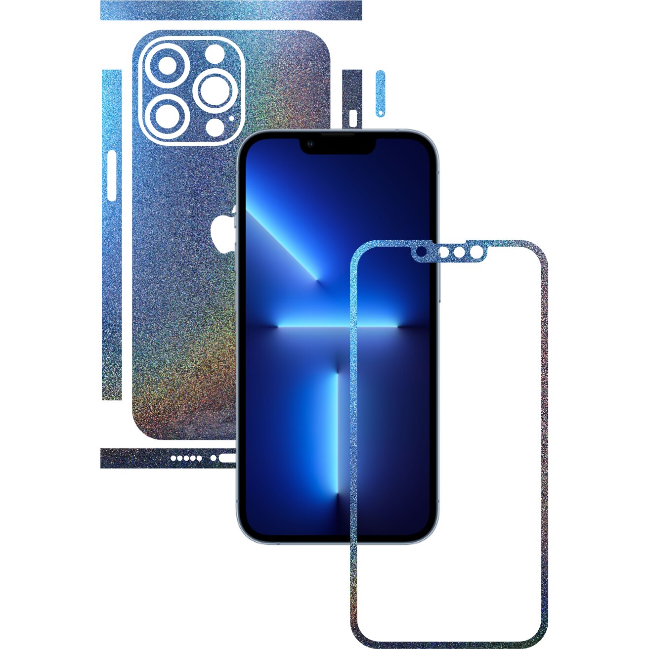 Folie Protectie Carbon Skinz pentru Apple iPhone 13 Pro Max - Color Shift Intergalactic Blue Split Cut, Skin Adeziv Full Body Cover pentru Rama Ecran, Carcasa Spate si Laterale