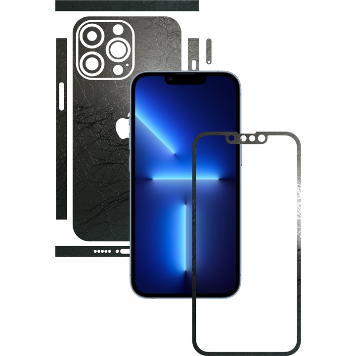 Folie Protectie Carbon Skinz pentru Apple iPhone 13 Pro Max - Cocoon Black Split Cut, Skin Adeziv Full Body Cover pentru Rama Ecran, Carcasa Spate si Laterale